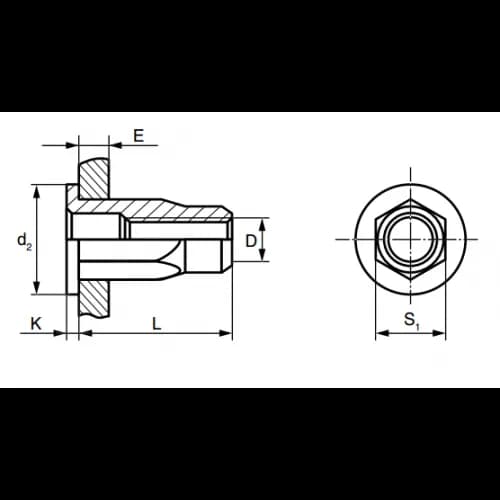 Заклепка Bralo сталь резьбовая цилиндрический бортик шестигранная Ø0331104006, 5.9х9.7x9 мм.