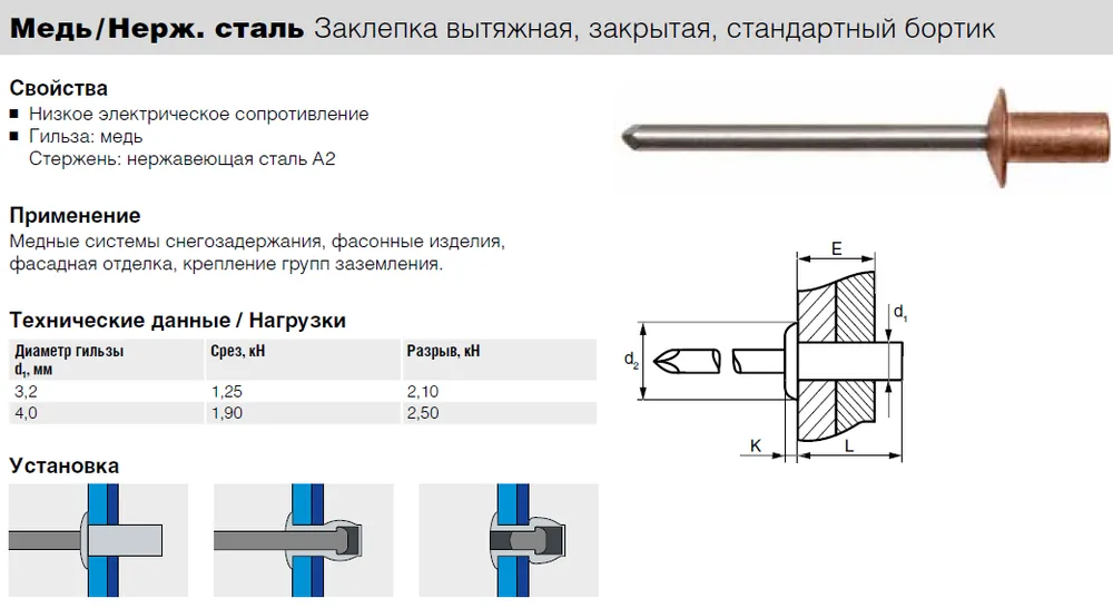 Заклепка Bralo вытяжная медь/нержавеющая сталь стандартный бортик закрытая 