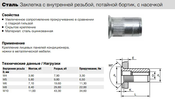 Заклепка Bralo стальная резьбовая потайной бортик 90° с насечкой