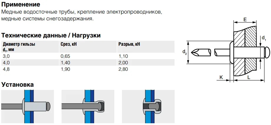 Заклепка Bralo вытяжная медь/сталь стандартный бортик, 4х10x8 мм.