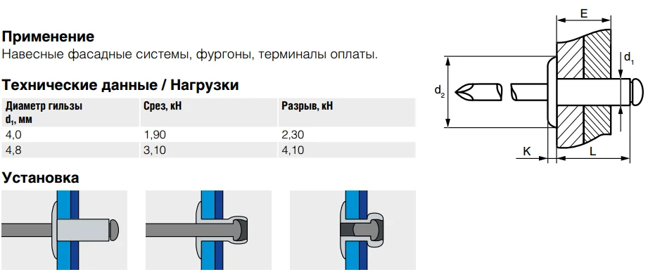 Заклепка Bralo вытяжная стальная широкий бортик, 4х10x10 мм.