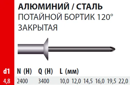 Заклепка Bralo вытяжная алюминий/сталь потайной бортик закрытая