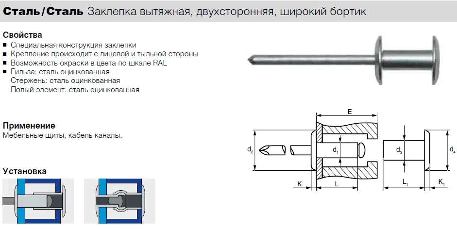 Заклепка Bralo вытяжная стальная широкий бортик двухсторонняя G1234004811