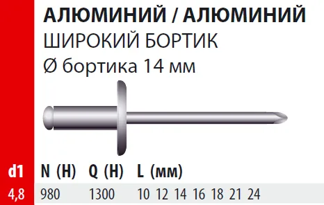 Заклепка Bralo вытяжная алюминий/алюминий широкий бортик