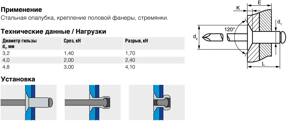Заклепка Bralo вытяжная стальная потайной бортик, 4х8x7.5 мм.
