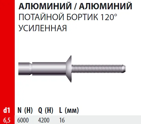 Заклепка Bralo вытяжная алюминий/алюминий потайной бортик 100° усиленная