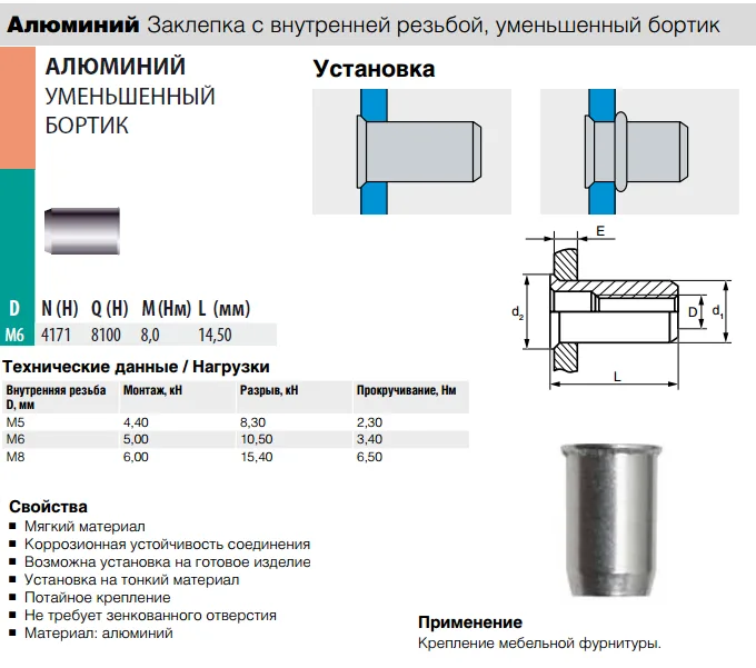 Заклепка Bralo резьбовая алюминиевая уменьшенный бортик 0302206009 