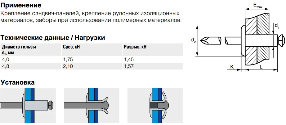 Заклепка вытяжная Bralo лепестковая широкий бортик алюминий /сталь, 4.8х14x14 мм.
