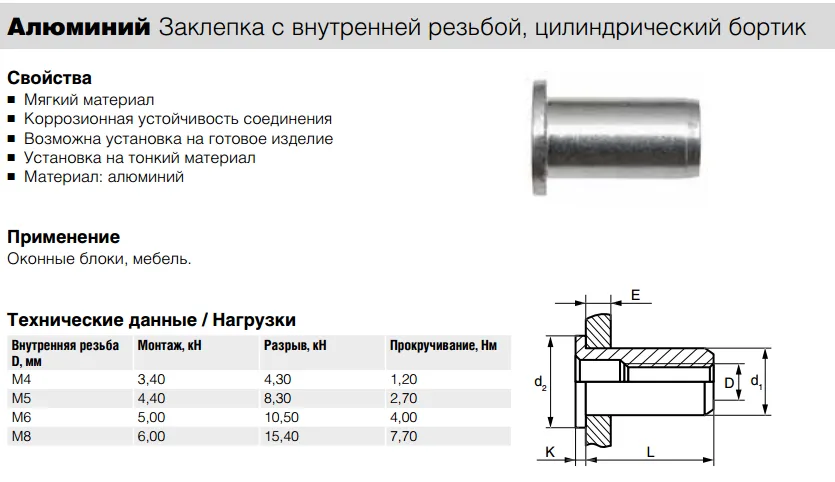 Заклепка Bralo алюминиевая резьбовая цилиндрический бортик